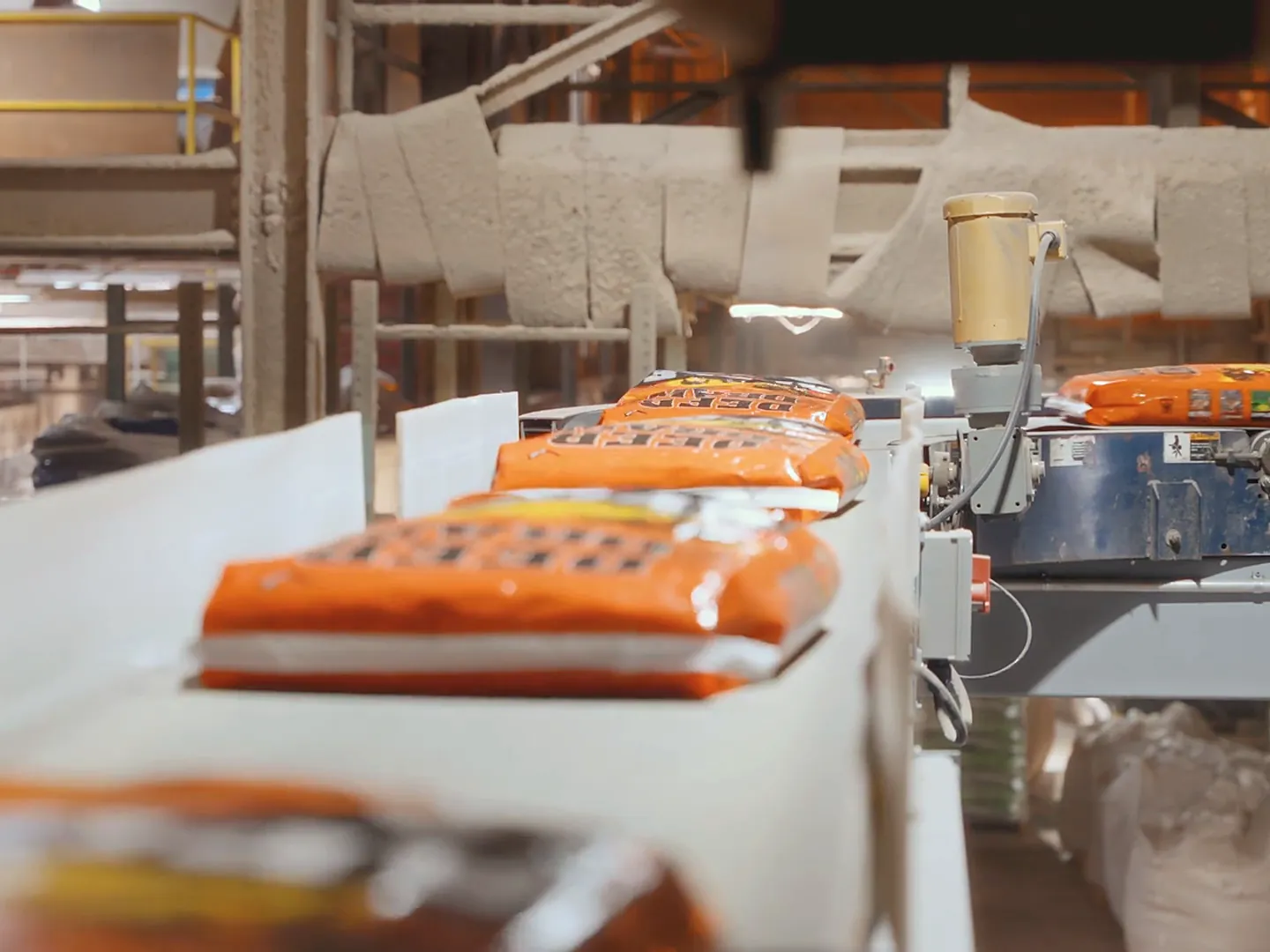 Bags of feed moving along the mill’s bagging line
