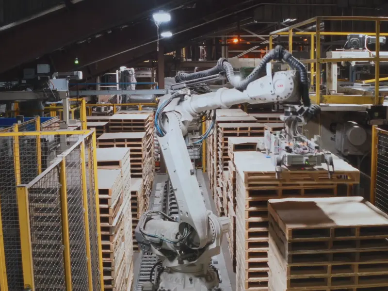 A robot stacking pallets and feeding them to each conventional palletizer